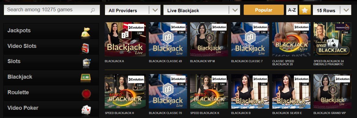 Live Blackjack på VideoSlots